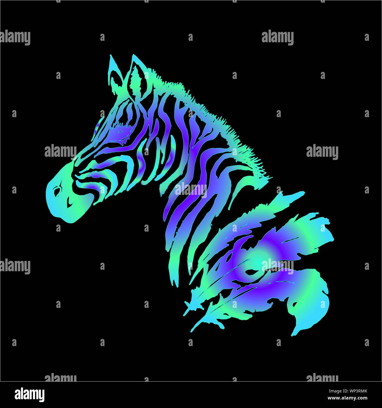 Farbverlauf Abbildung: psychedellic Zebra mit Federn. Tattoo Idee. Stock Vektor