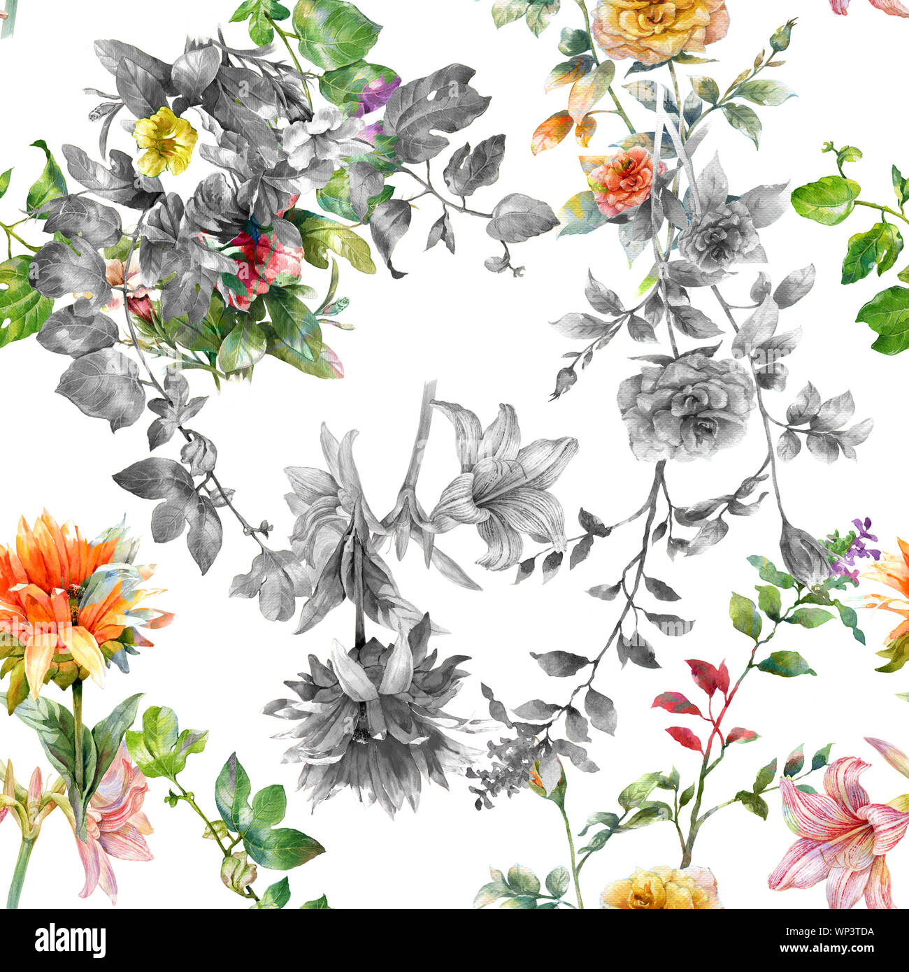 Aquarell von Blatt und Blumen, nahtlose Muster auf weißem Hintergrund Stockfoto