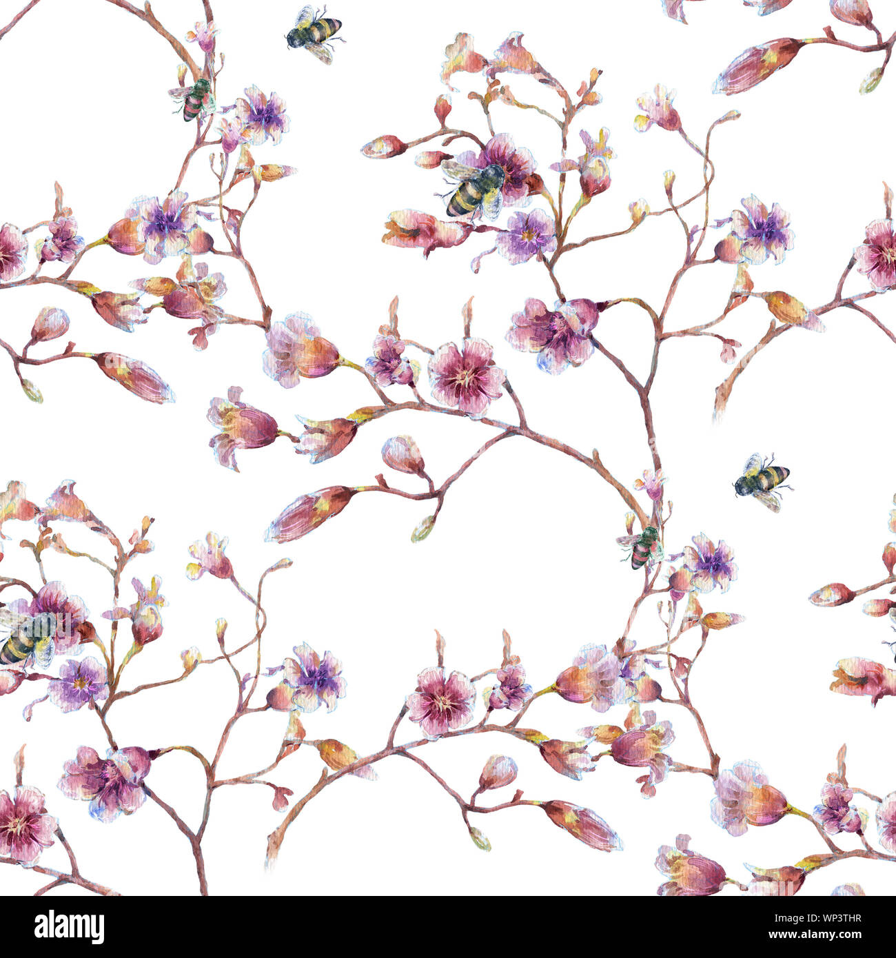 Aquarell von Biene und Blume, nahtlose Muster auf weißem Hintergrund Stockfoto