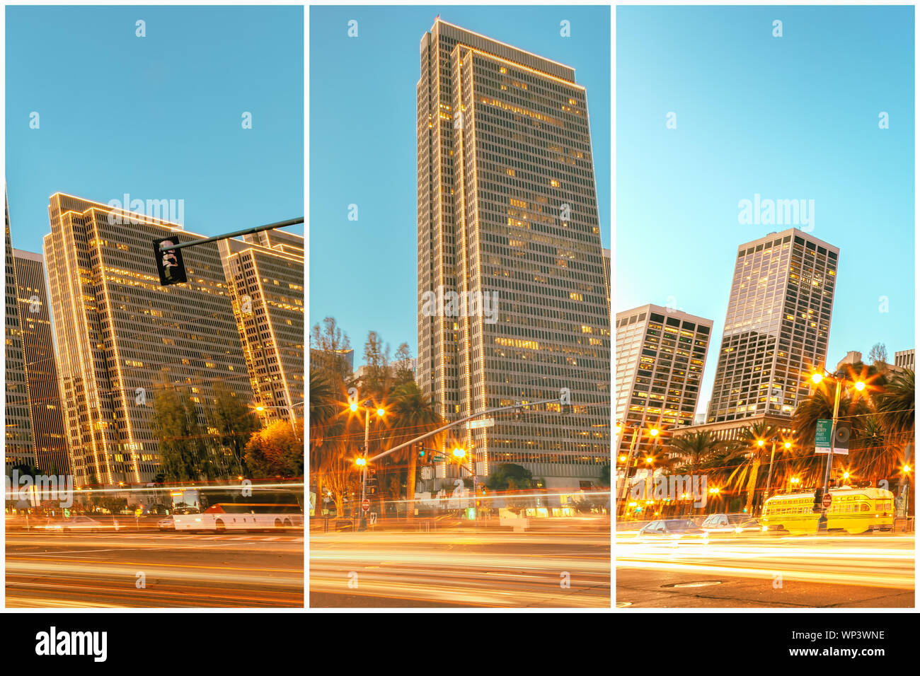 Triptychon Vorstellung des Hochhaus Strukturen von San Francisco Downtown im Embarcadero Street an der frühen Dämmerung, Kalifornien, USA. Stockfoto