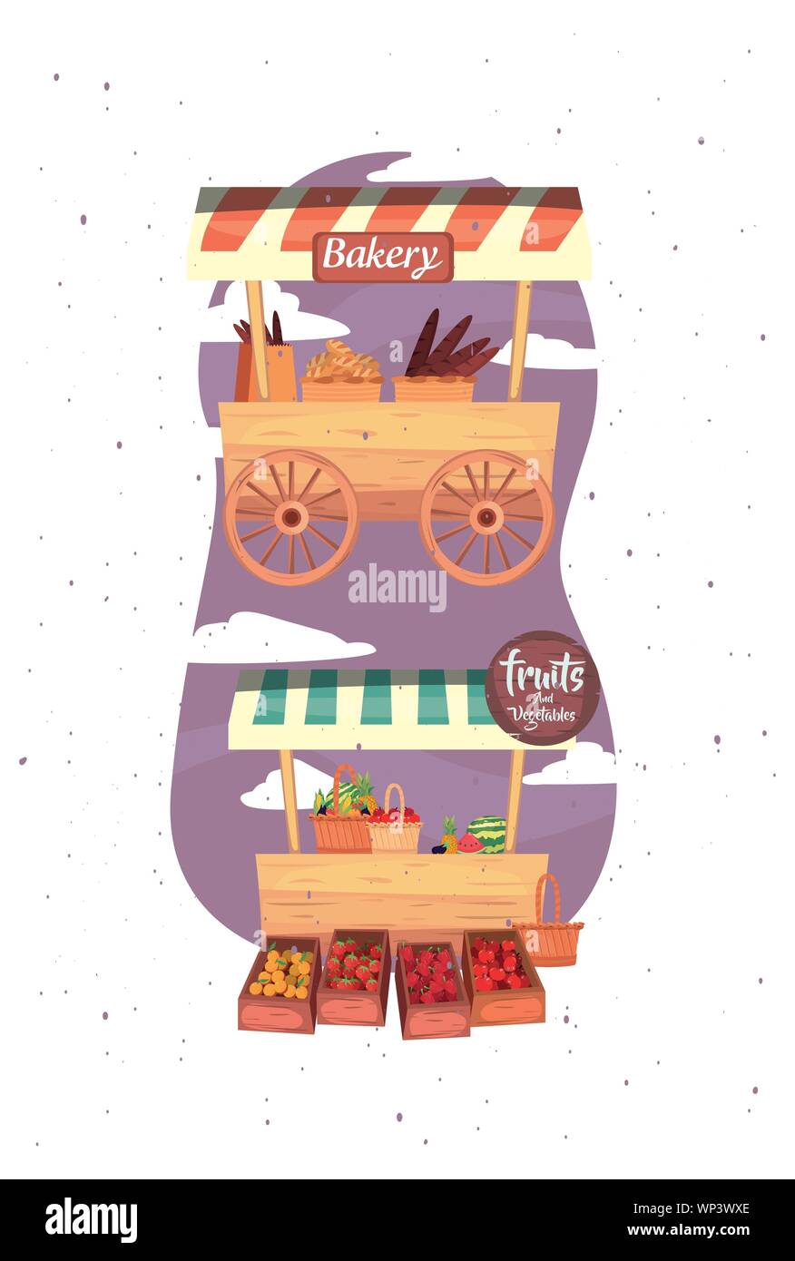 Stände Straße Markt handel flache Design Vector Illustration Stock Vektor