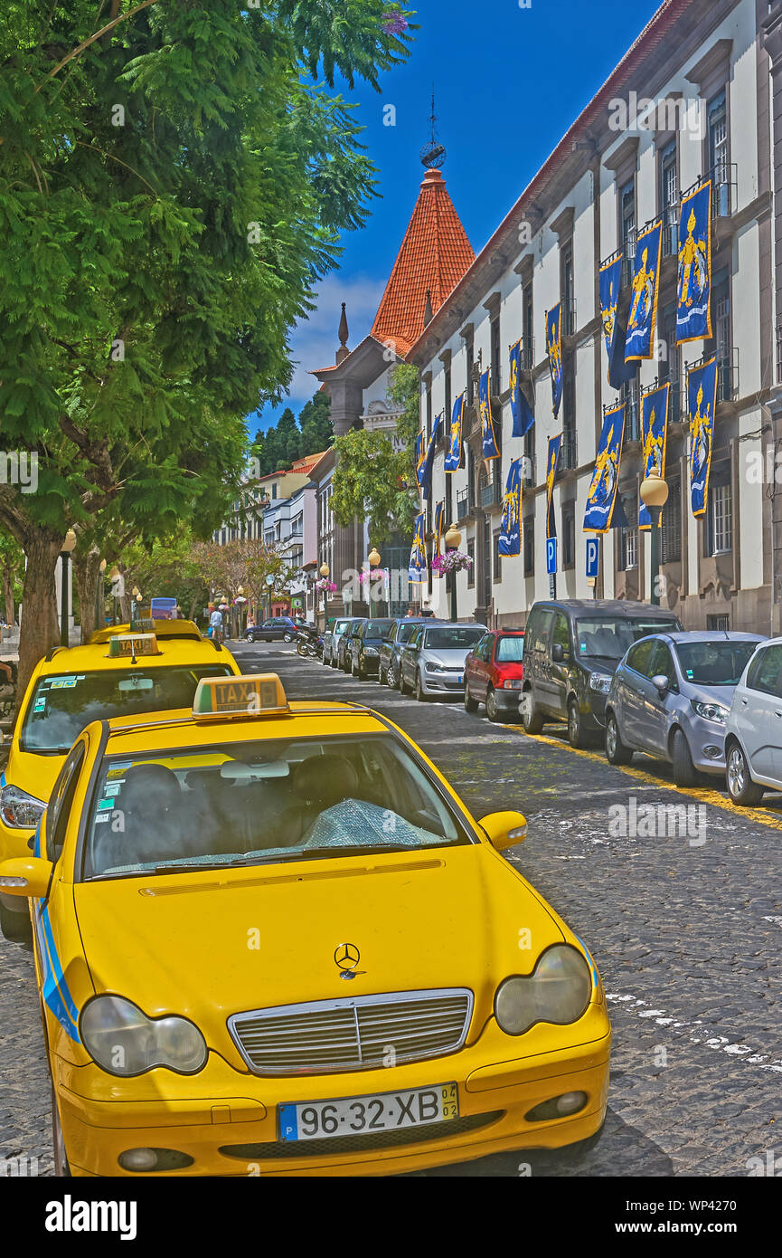 Funchal, Madeira und gelbe Taxis auf einer gepflasterten Straße in der Innenstadt geparkt. Stockfoto