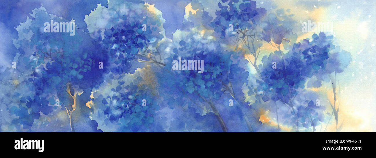 Ein Bouquet von blauen Blüten, Hortensien aquarell Abbildung. Herbst Blumen Hintergrund Stockfoto