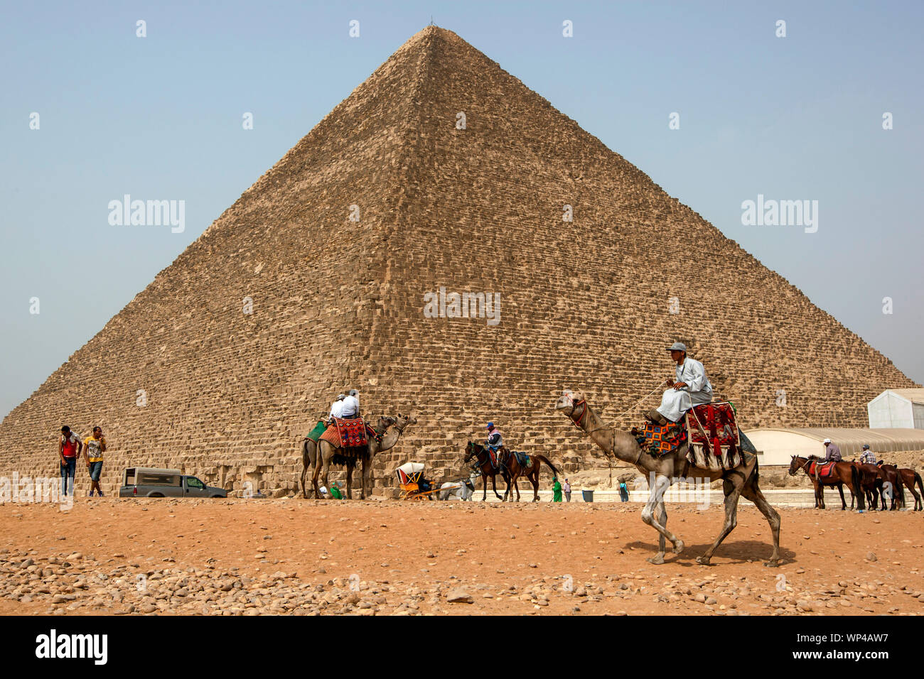 Ägyptisches Kamel und Pferd Reiter Kreis die Basis der Cheops-Pyramide in Gizeh in Kairo in Ägypten. Diese Pyramide stand ursprünglich 146 Meter hoch. Stockfoto