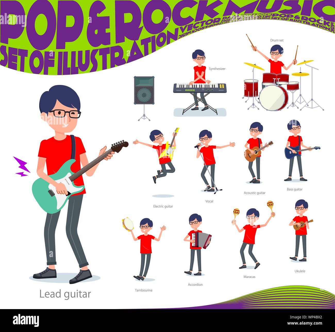 Ein rotes T-shirt Mann spielt Rock'n'Roll und Pop Musik. Es gibt auch verschiedene Instrumente wie Ukulele und Tamburin. Es ist Vektor Kunst so ist es Stock Vektor