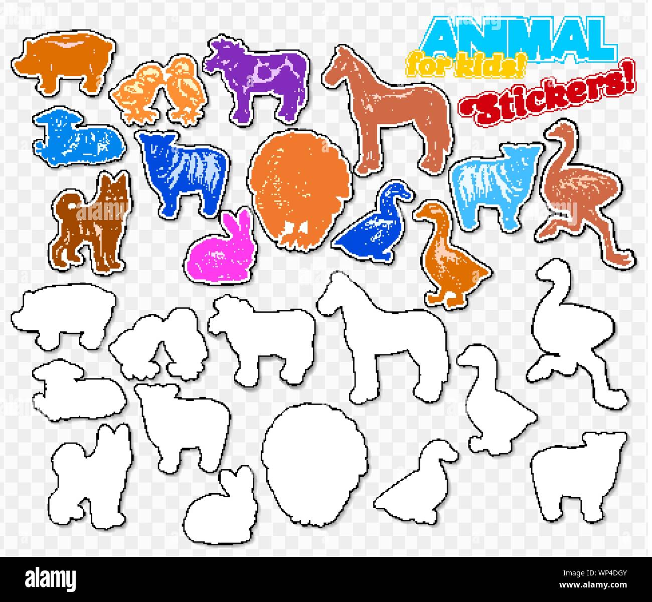 Nutztiere in Skizze Stil auf bunten Aufkleber Set. Auf transparentem Hintergrund isoliert. Kann für cute kids Malbuch und Spiel genutzt werden. Gehören Silhouette für Paper Cutting Horse, Türkei, Kuh, Huhn, Kuh, Schaf, Strauß, Gans, Ente, Schwein, Lamm und Kaninchen. Stock Vektor