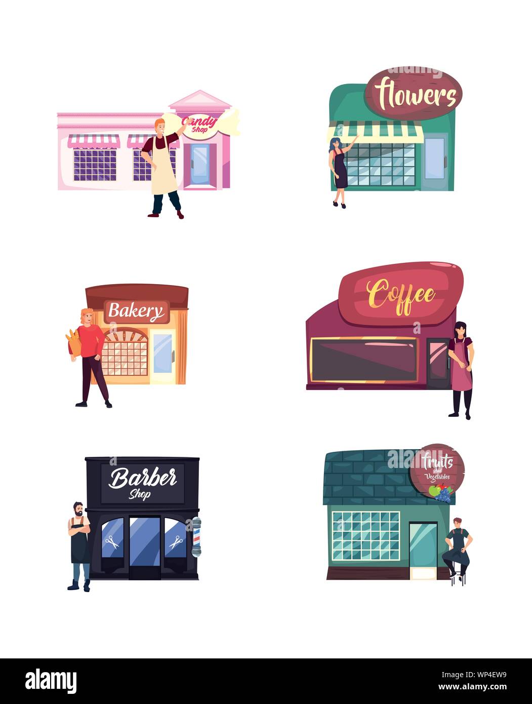 Verkäufer Menschen Straße Markt handel flache Design Vector Illustration Stock Vektor