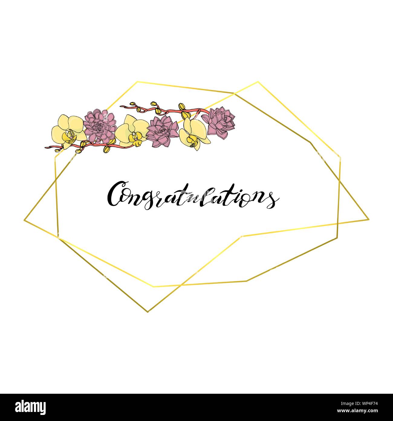 Hand gezeichnet Doodle style saftig und Orchideenblüten mit polygonalen Girlande Kranz, Vintage geometrischen Rahmen, florales Design Element. Stock Vektor