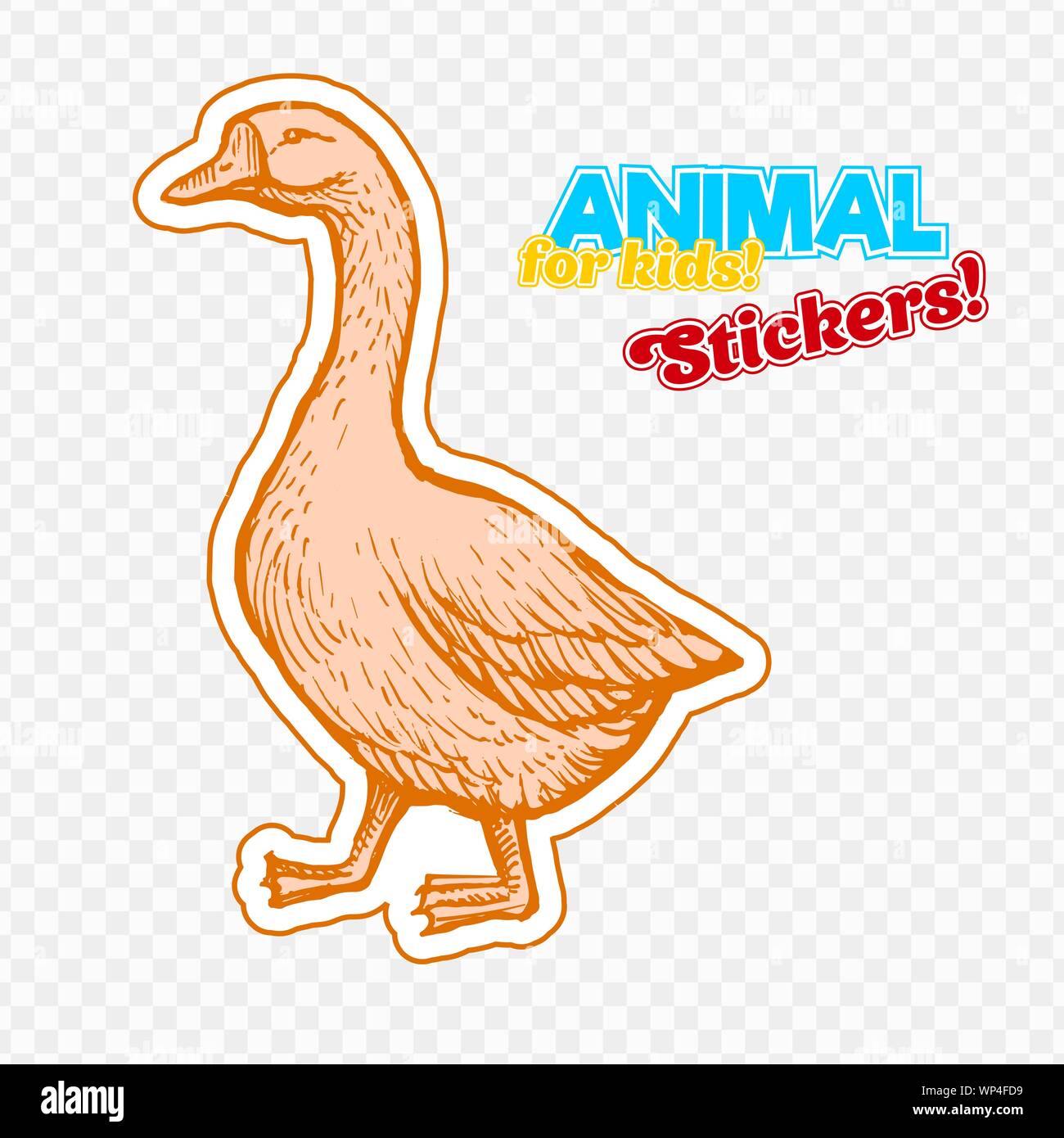 Farm Animal Gans in Skizze Stil auf bunten Aufkleber. Auf transparentem Hintergrund isoliert. Kann für cute Malbuch für Kinder verwendet werden. Gehören Silhouette für Papier schneiden Stock Vektor