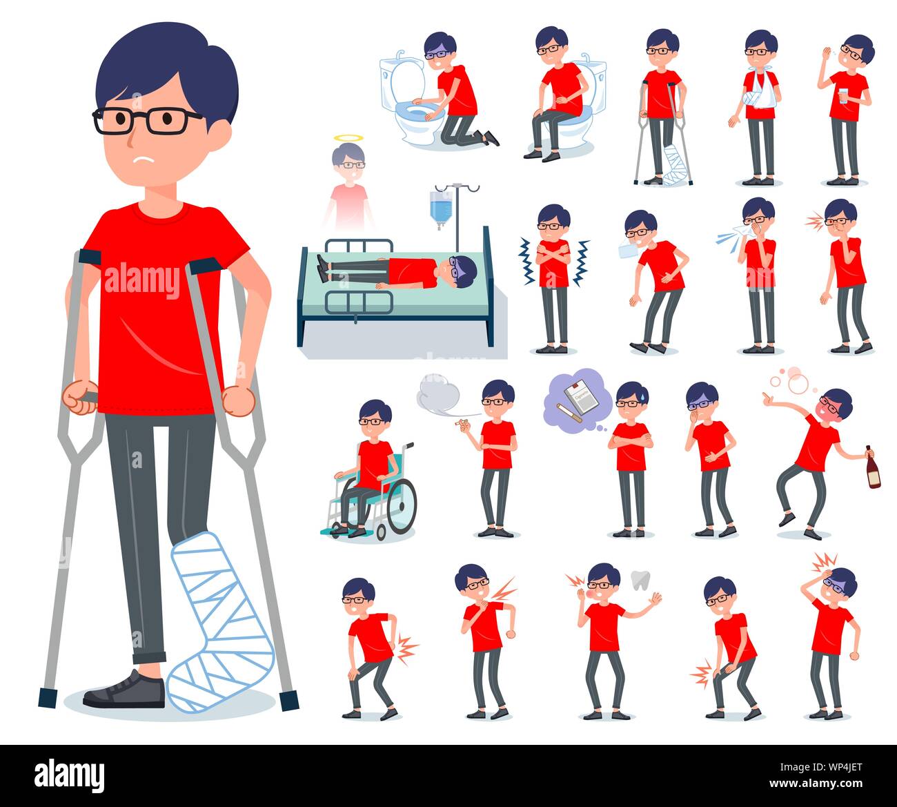 Ein rotes T-shirt Mann mit Verletzung und Krankheit. Es sind Aktionen, express Abhängigkeit und Tod. Es ist Vektor Kunst so ist es leicht zu bearbeiten. Stock Vektor