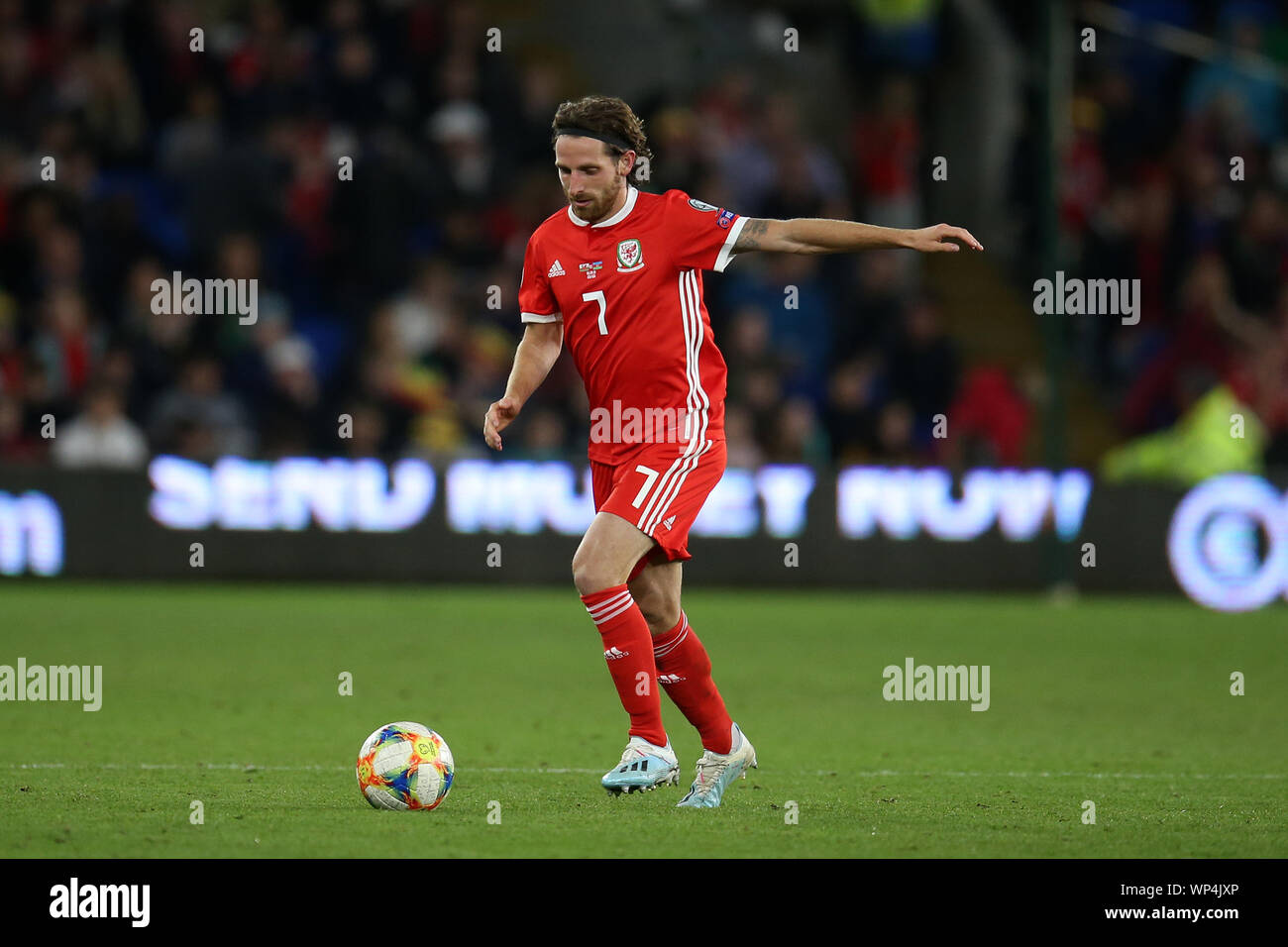 Cardiff, Großbritannien. 06 Sep, 2019. Joe Allen von Wales in Aktion. Wales v Aserbaidschan, der UEFA-Europameisterschaft 2020 Qualifikationsspiel, Gruppe E in Cardiff City Stadium in Cardiff, am Freitag, den 6. September 2019. Redaktionelle Verwendung nur. pic von Andrew Obstgarten/Andrew Orchard sport Fotografie/Alamy leben Nachrichten Stockfoto