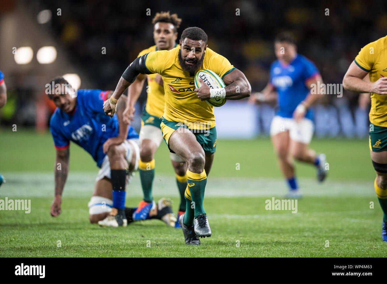 Sydney, Australien. 07 Sep, 2019. Marika Koroibete der Wallabies über einen Versuch Kerbe während der Internationalen Test Match zwischen Australien und Samoa an Bankwest Stadion, Sydney, Australien, am 7. September 2019. Foto von Peter Dovgan. Credit: UK Sport Pics Ltd/Alamy leben Nachrichten Stockfoto