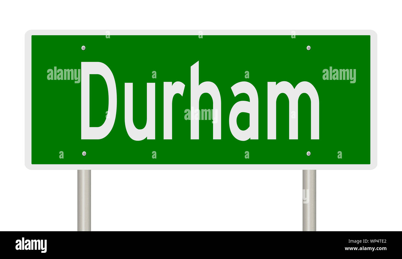 Rendering von einem grünen Hinweisschild für Durham North Carolina Stockfoto