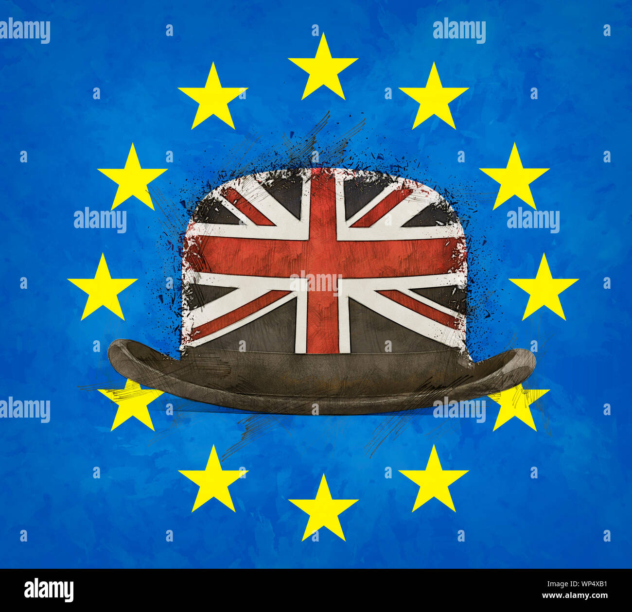 Abbildung: Skizze eines englischen Melone mit der Flagge von Großbritannien. Brexit Konzept Stockfoto