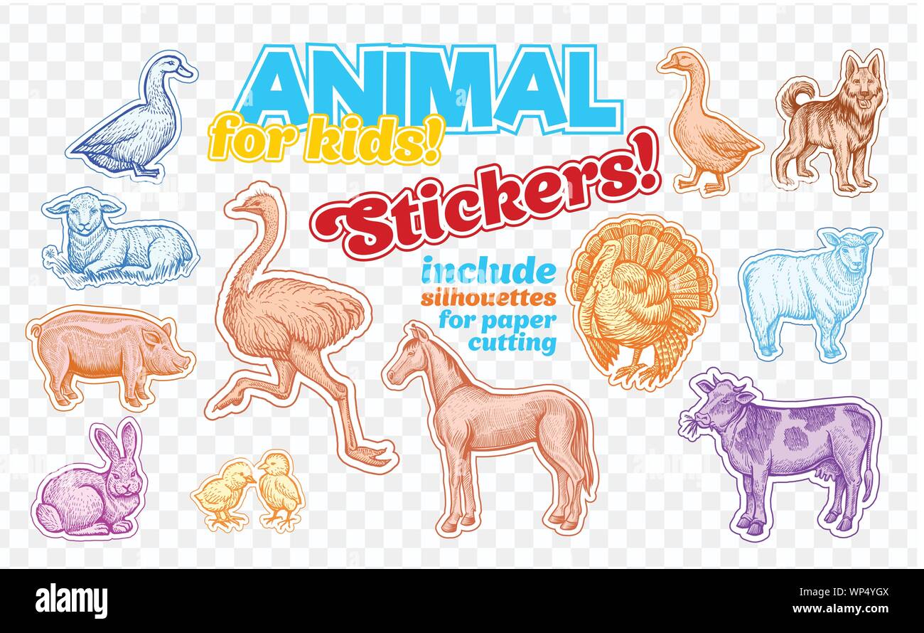 Nutztiere in Skizze Stil auf bunten Aufkleber Set. Auf transparentem Hintergrund isoliert. Kann für cute kids Malbuch und Spiel genutzt werden. Gehören Silhouette für Paper Cutting Horse, Türkei, Kuh, Huhn, Kuh, Schaf, Strauß, Gans, Ente, Schwein, Lamm und Kaninchen. Stock Vektor
