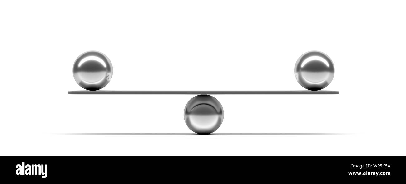 Balance, Teamarbeit Konzept. Silber Kugeln auf einer Skala Strahl vor weißem Hintergrund, Banner ausgeglichen. 3D-Darstellung Stockfoto