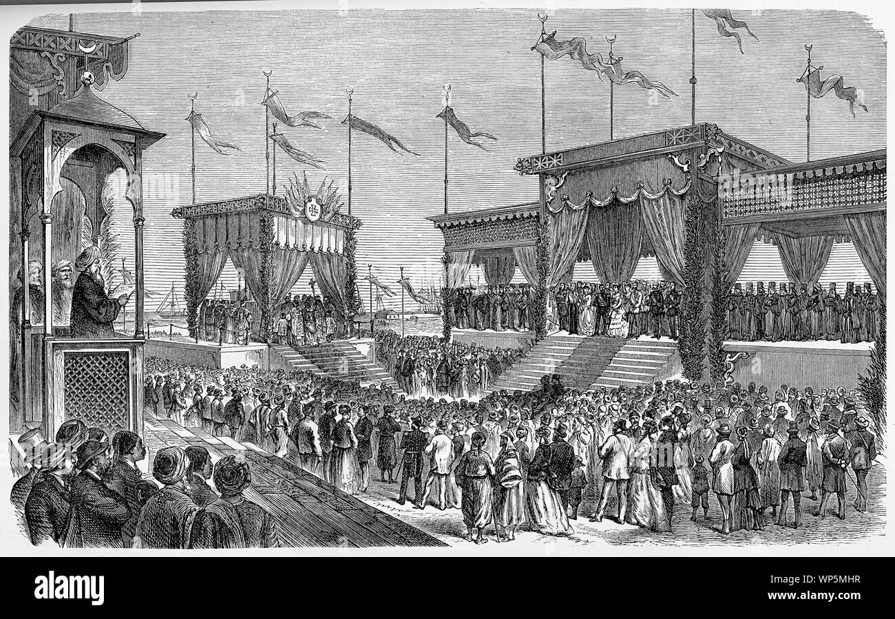 Der Suez Canal Einweihung, der künstliche Kanal verband das Mittelmeer und das Rote Meer, die deutliche Verringerung der Navigation zwischen Europa und Ostasien Stockfoto