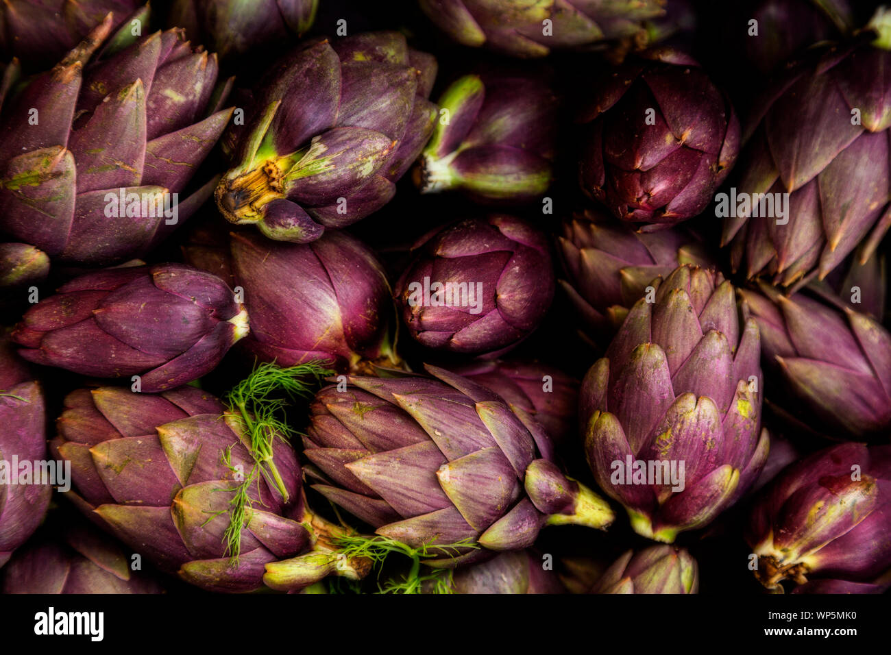 Bündel von lila Artischocken in zufälliger Haufen ein Farmers Market Stockfoto