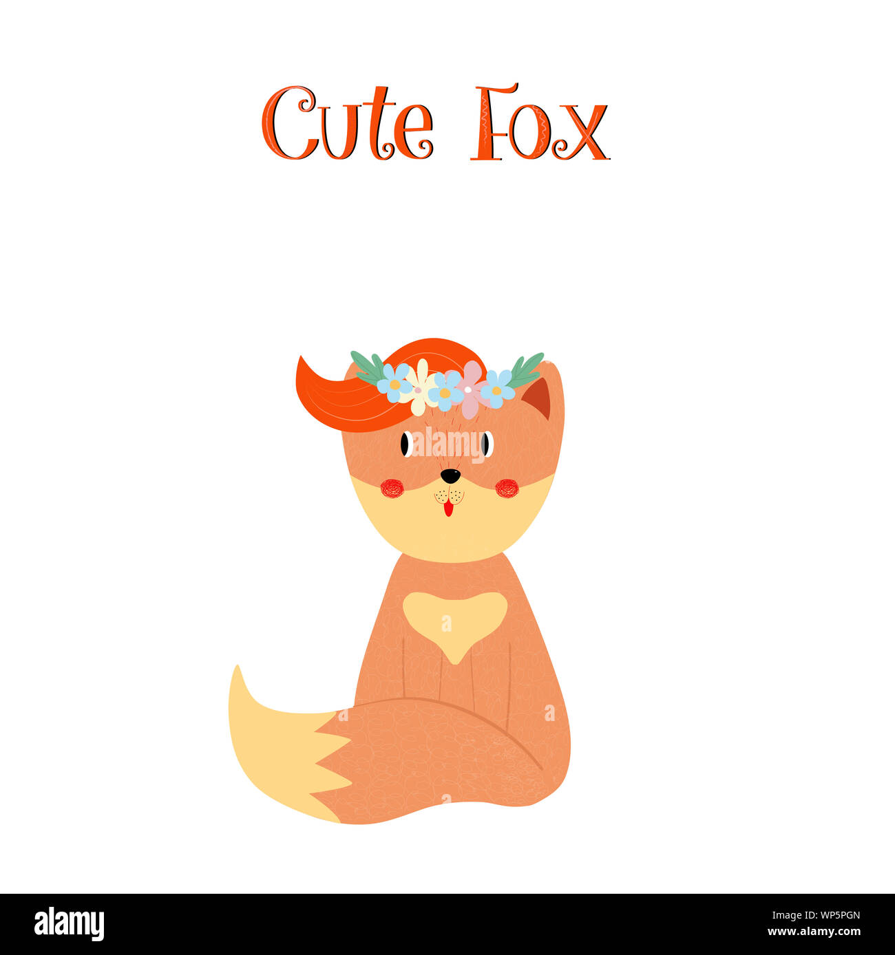 Cute Fox mit Ingwer forelock in Blumenkranz auf weißem Hintergrund, adorable süßes Tier für Baby Design. Cartoon flache Hand gezeichnet Lllustrat Stockfoto