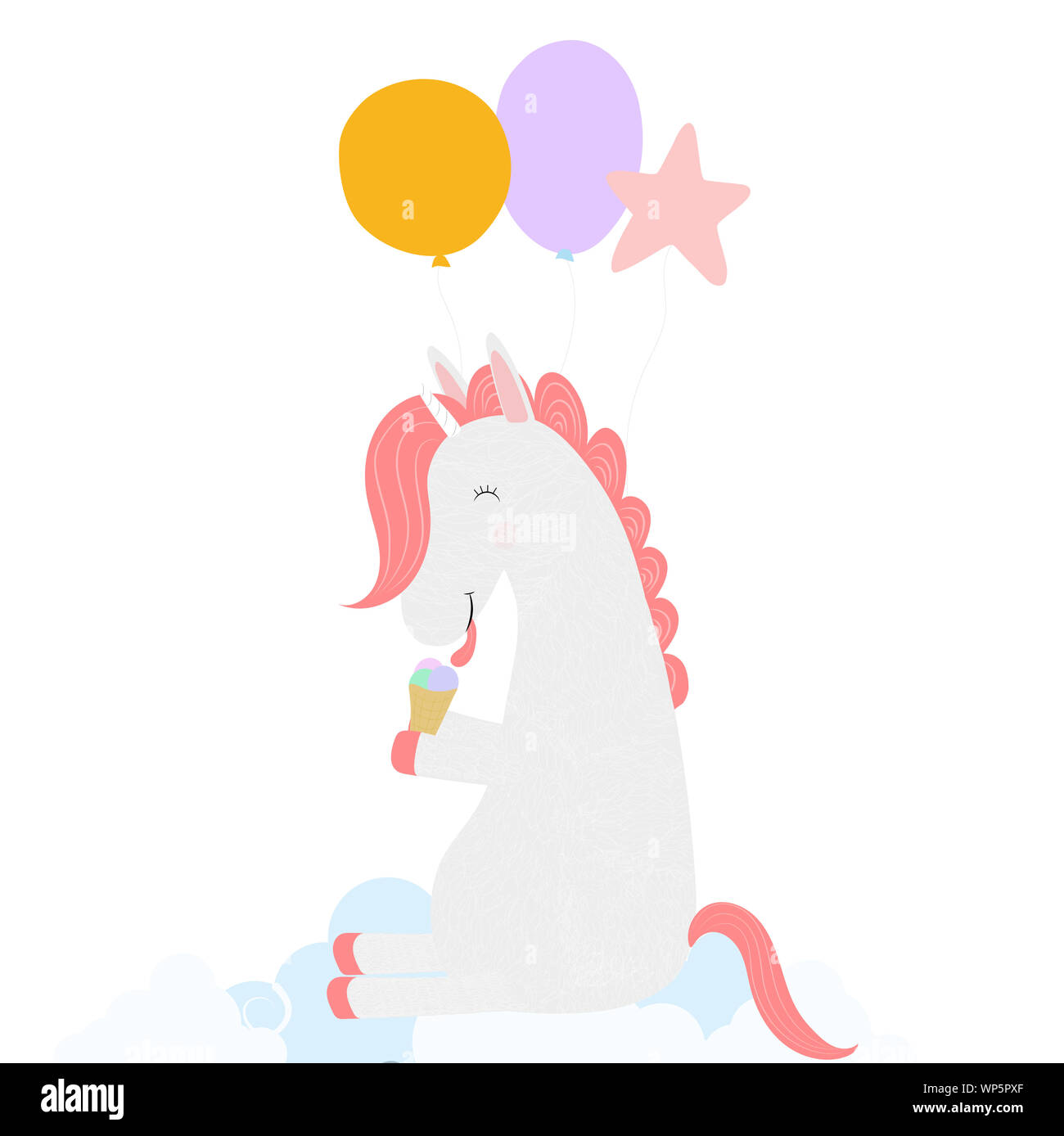 Süße Einhorn mit Luftballons essen Eis sitzen auf Cloud auf weißem Hintergrund. Herzlichen Glückwunsch zum Geburtstag, Grußkarte, baby dusche drucken Cartoo Stockfoto