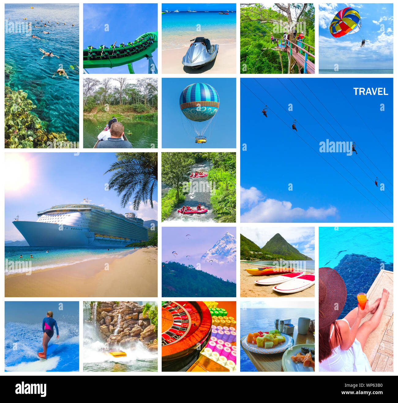 Reise Abenteuer und Aktivität - Collage aus Blick auf das Meer Sport. Stockfoto