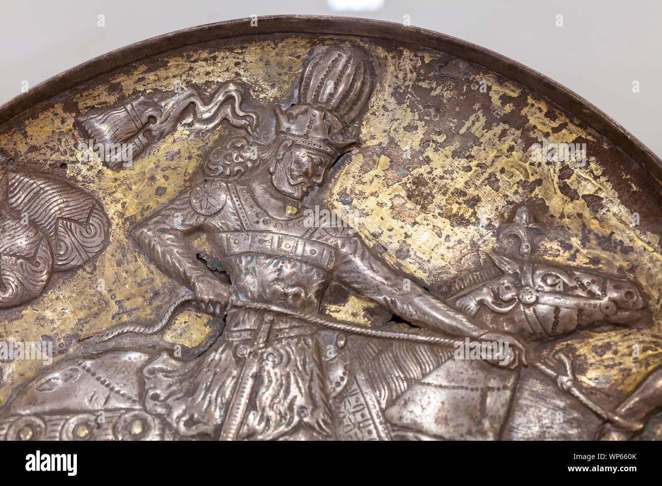 Sassanian silber Platte, Aserbaidschan Museum, Tabriz, Osten der Provinz Aserbaidschan, Iran Stockfoto