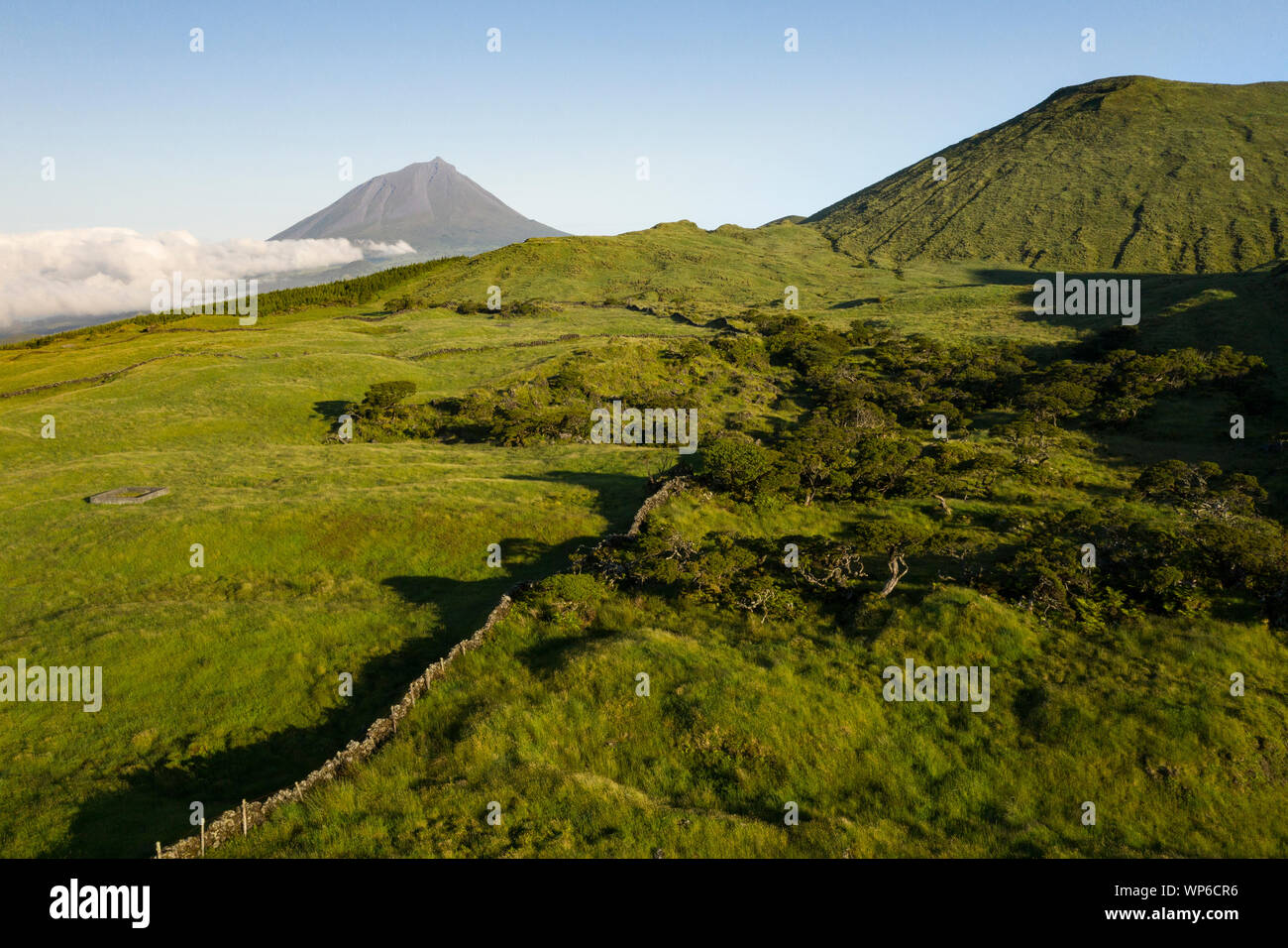 Luftbild von typischen vulkanischen caldeira Landschaft mit Vulkan kegel Planalto da Achada Central Plateau der Ilha do Pico Insel, Portugal Stockfoto