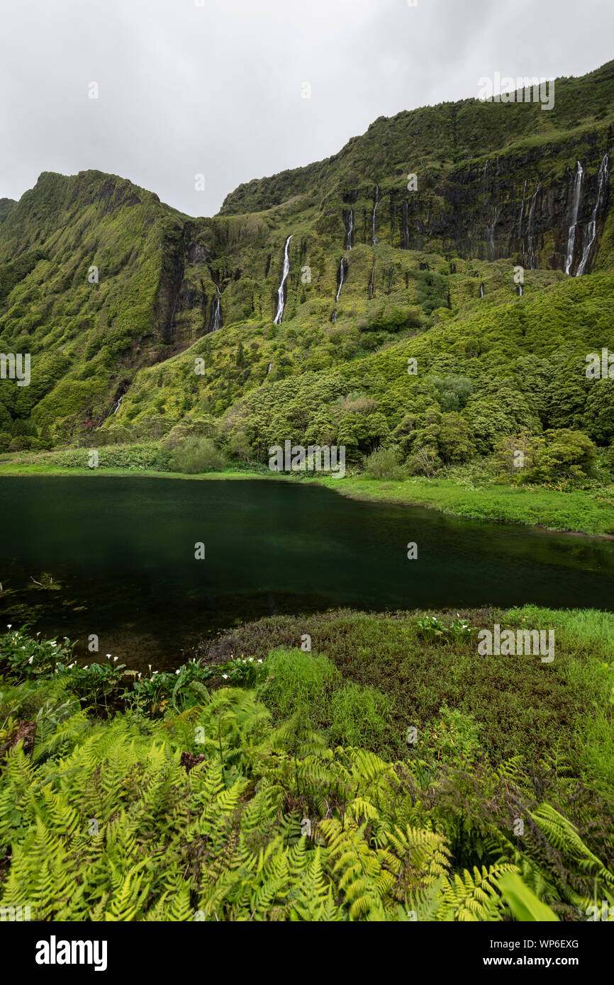 Landschaft von poço Ribeira do Ferreiro Wasserfälle und Lagoa dos Patos mit grüner Vegetation auf Fajã Grande, Alagoinha auf das Märchen Insel Ilha Stockfoto