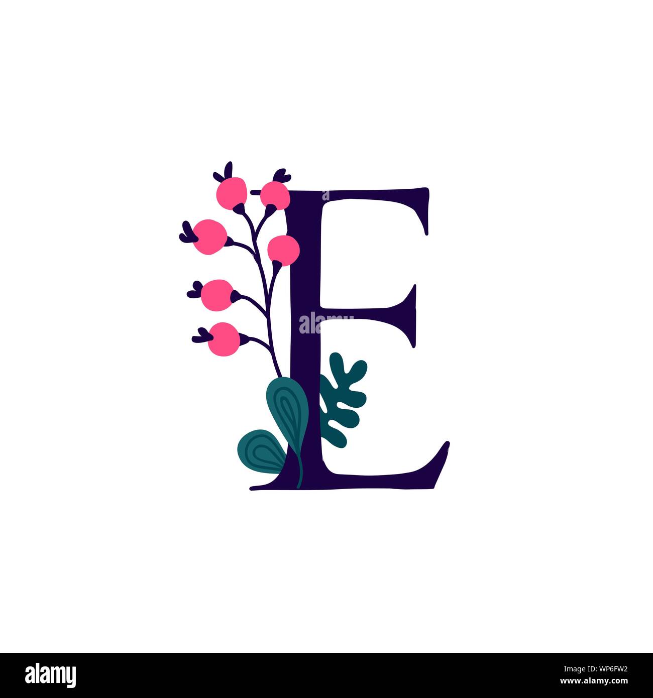 Lateinischer Buchstabe E in Blumen und Pflanzen. Vektor. Schreiben in der dekorativen Elemente für Inschriften. Firmenlogo. Plakat oder Monogramm. Stock Vektor