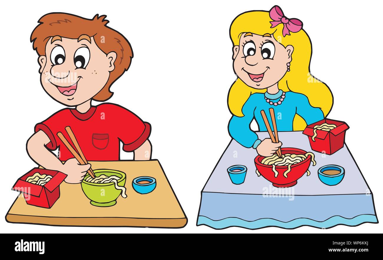 Junge und Mädchen Essen chinesisches Essen Stock Vektor