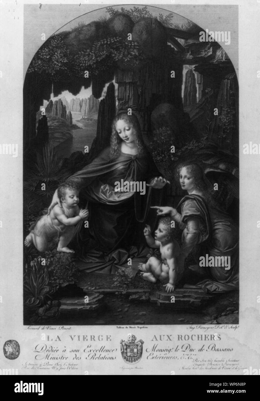 La Vierge aux Rochers/Léonard de Vinci, pinxit; 12.08.Desnoyers, delt & sculpt. Tableau du Musée Napoléon..... Imprimée par Rambox.... Stockfoto