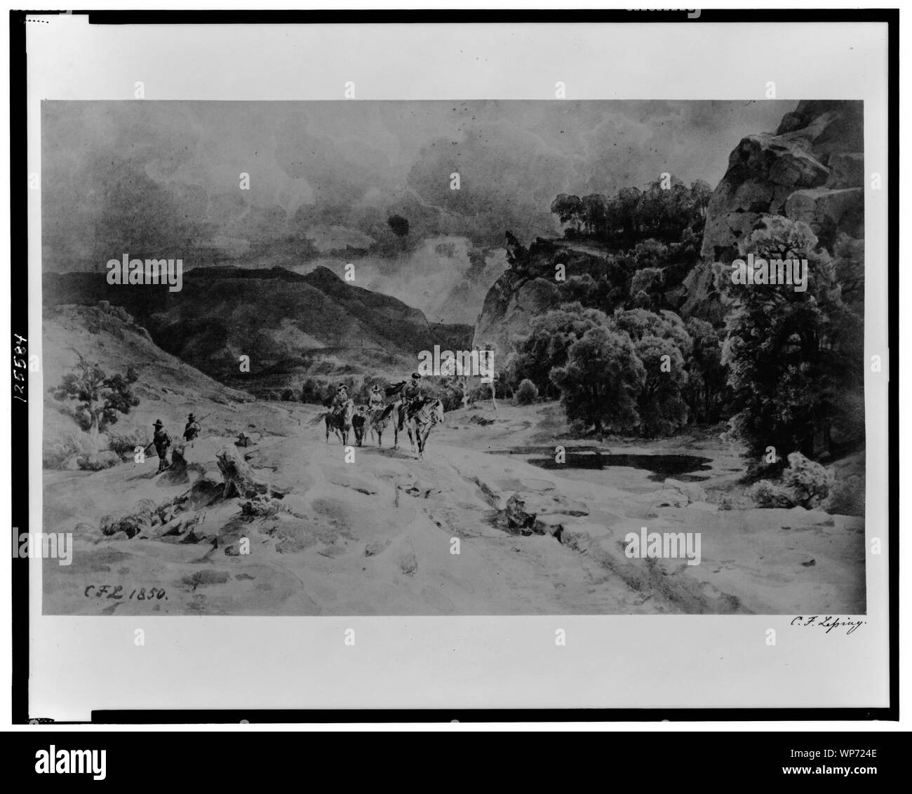 Landschaft mit 17 Soldaten (?) zu Pferde und zu Fuß]/C.F.L. 1850 Stockfoto