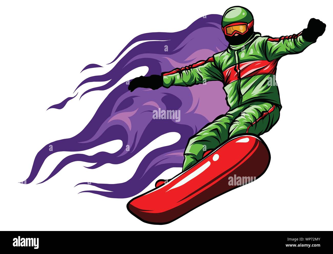 Snowboarder Krähe auf Feuer Vector Illustration Kunst Stock Vektor