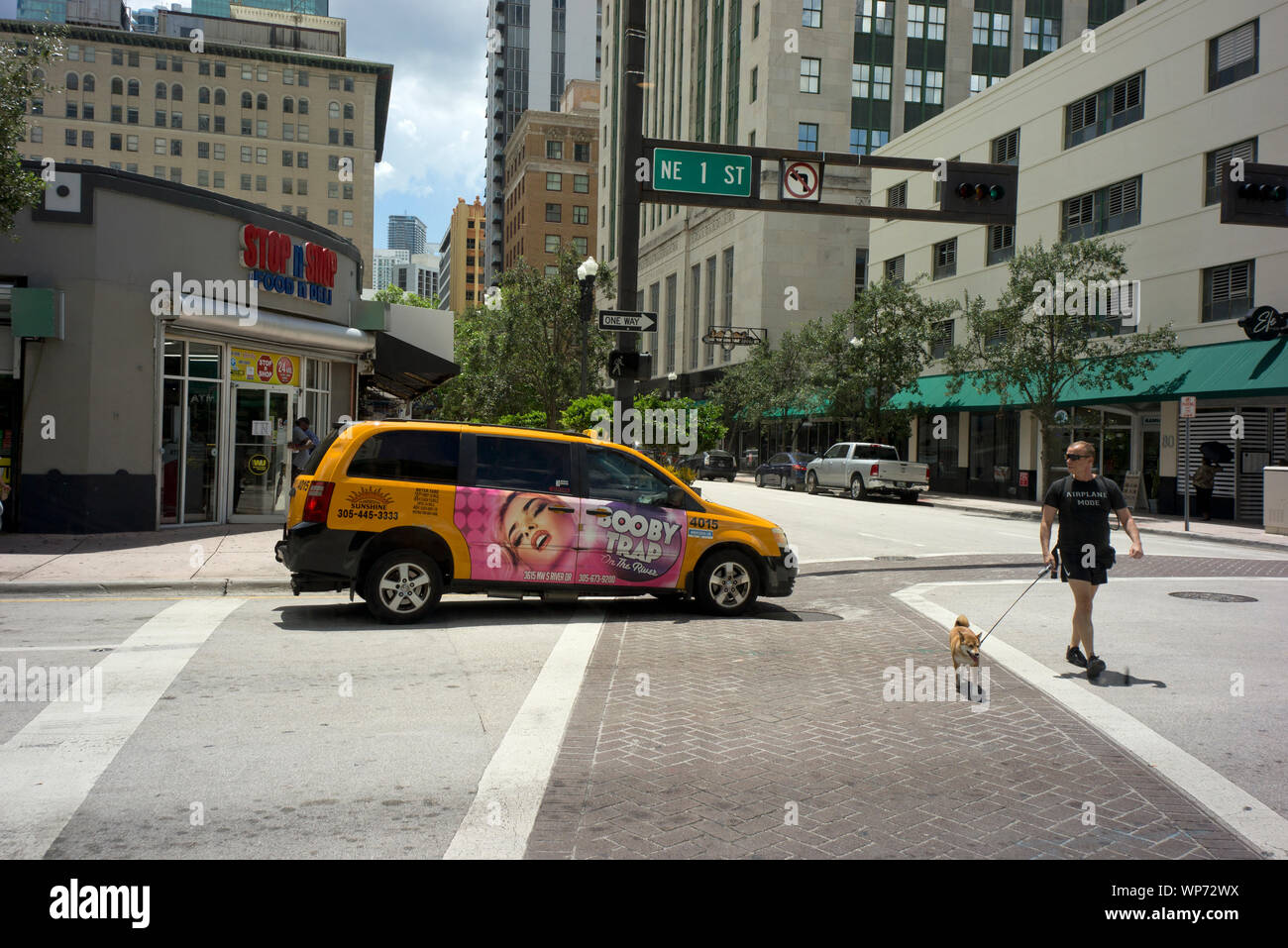 Mann, der seinen Hund in Downtown Miami am NE 1 und NE 2. Avenue. Miami, Florida, USA Stockfoto