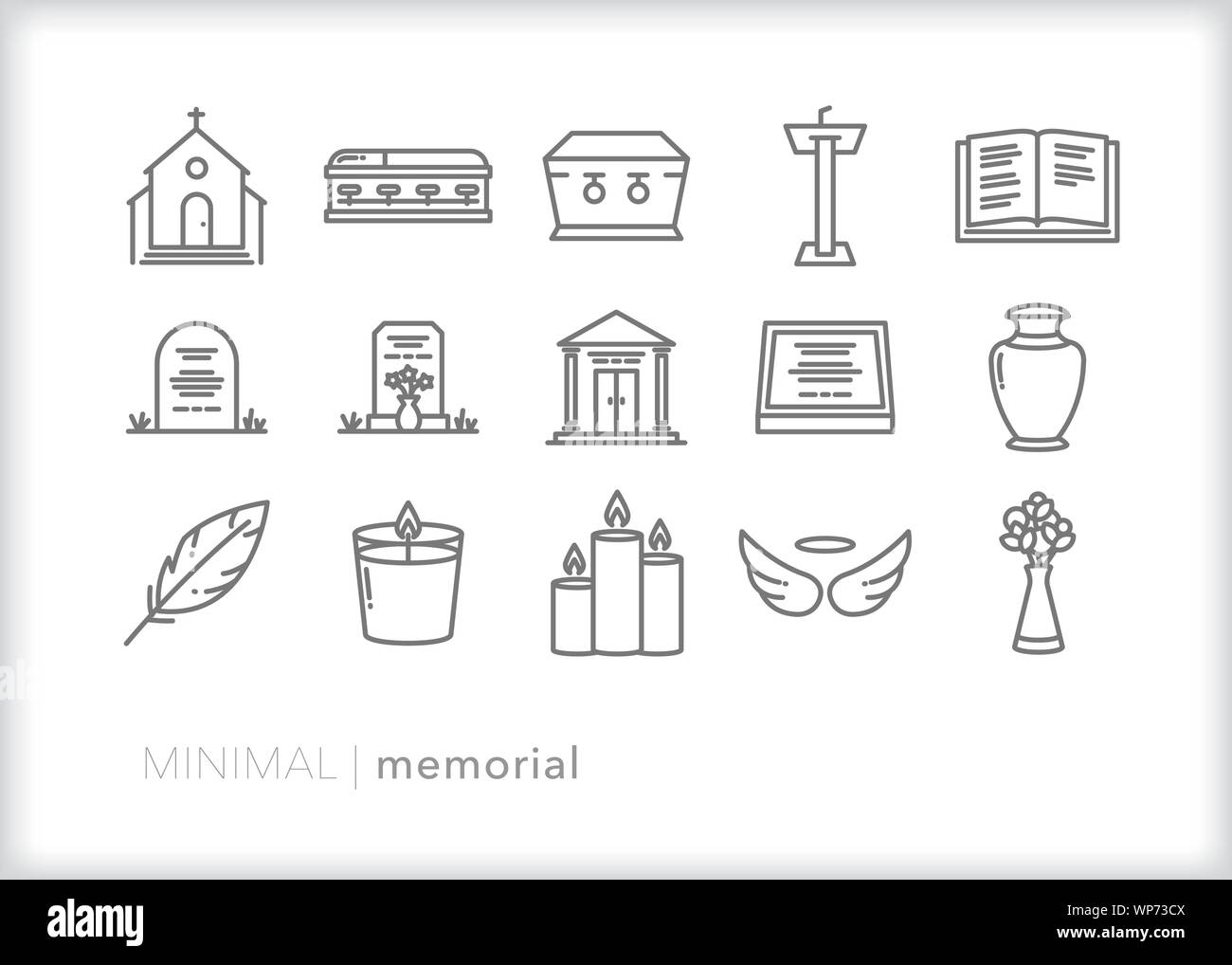 Satz von 15 memorial Zeile für Symbole auf der Feier des Lebens, Trauer, Tod und Begräbnis konzentriert Stock Vektor
