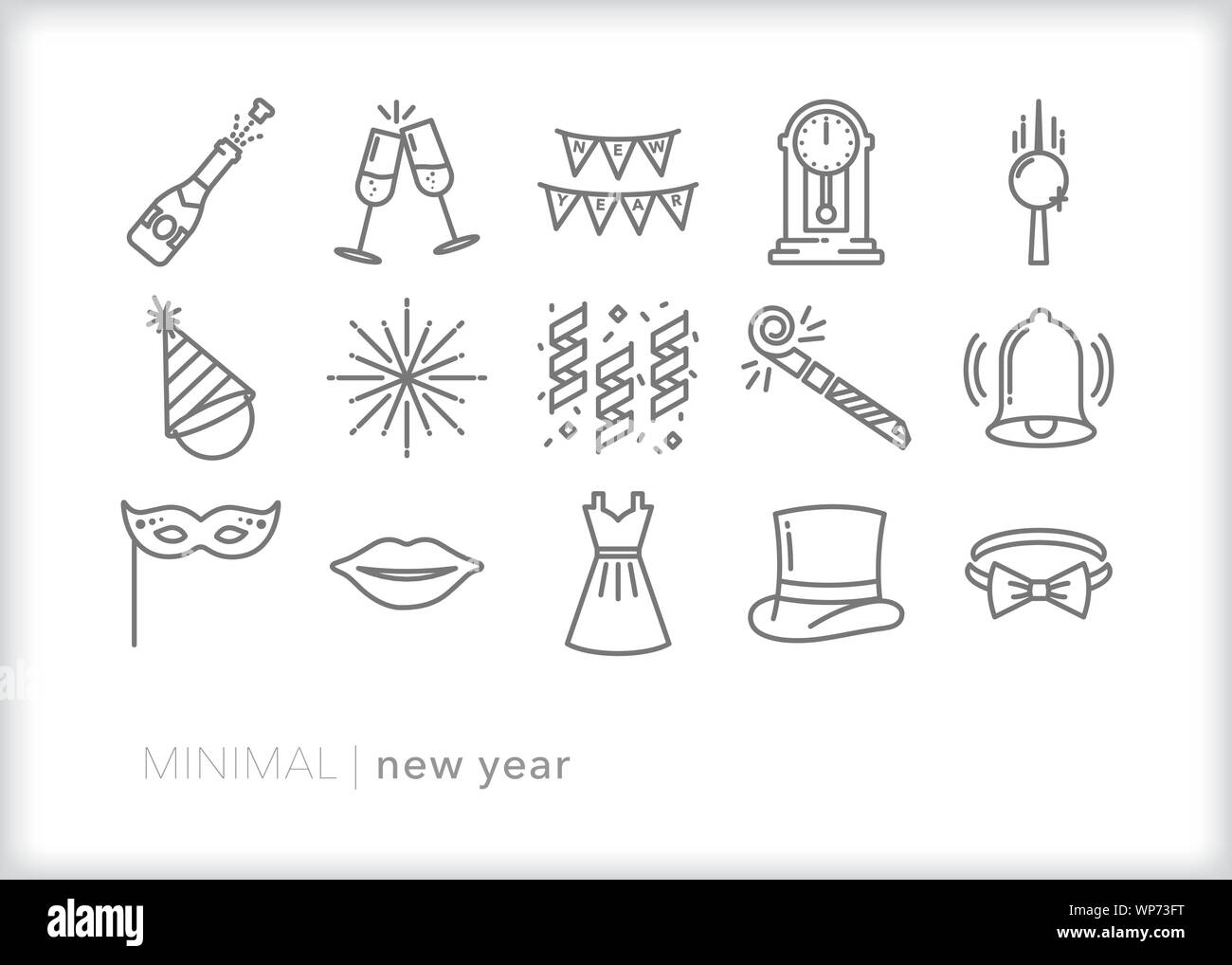 Satz von 15 neuen Jahr Zeile für Symbole für eine Silvester Party Stock Vektor