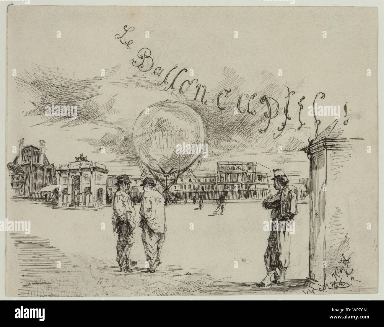 Le Ballon captif!; Zeichnung zeigt einen fesselballon von Henri Giffard entworfen und 1867 ausgestellt, in einer Stadt, die Plaza angezeigt, mit zwei Männern im Vordergrund unterhalten und ein uniformierter Wachmann. (Quelle: A.G. Renstrom, LC-Personal, 1981-82.); Stockfoto