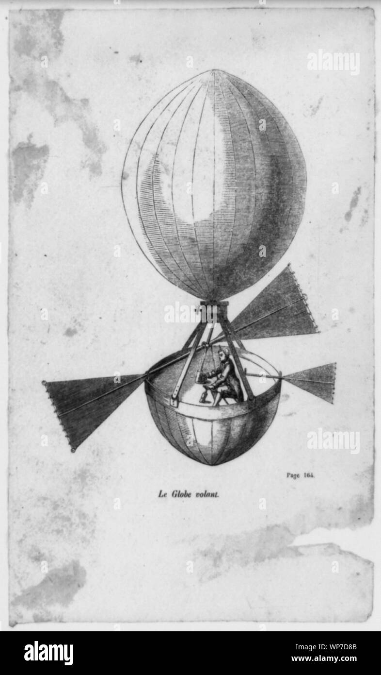 Le Globe Volant; Abbildung zeigt einen Mann Navigation ein Ballon mit angehängtem Ruder- und Seitenruder, während im Korb sitzen.; Stockfoto