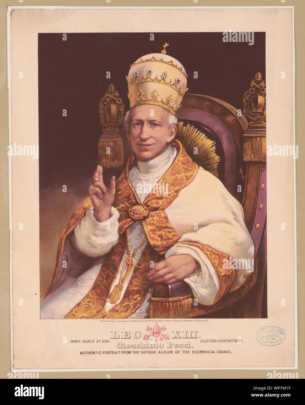 Leo XIII. Geboren am 2. März d 1810. Febr. gewählt. 20 1878. Gioachimo [sic] Pecci. Authentische Porträt aus dem Vatikan Album des Ökumenischen Rates. Stockfoto