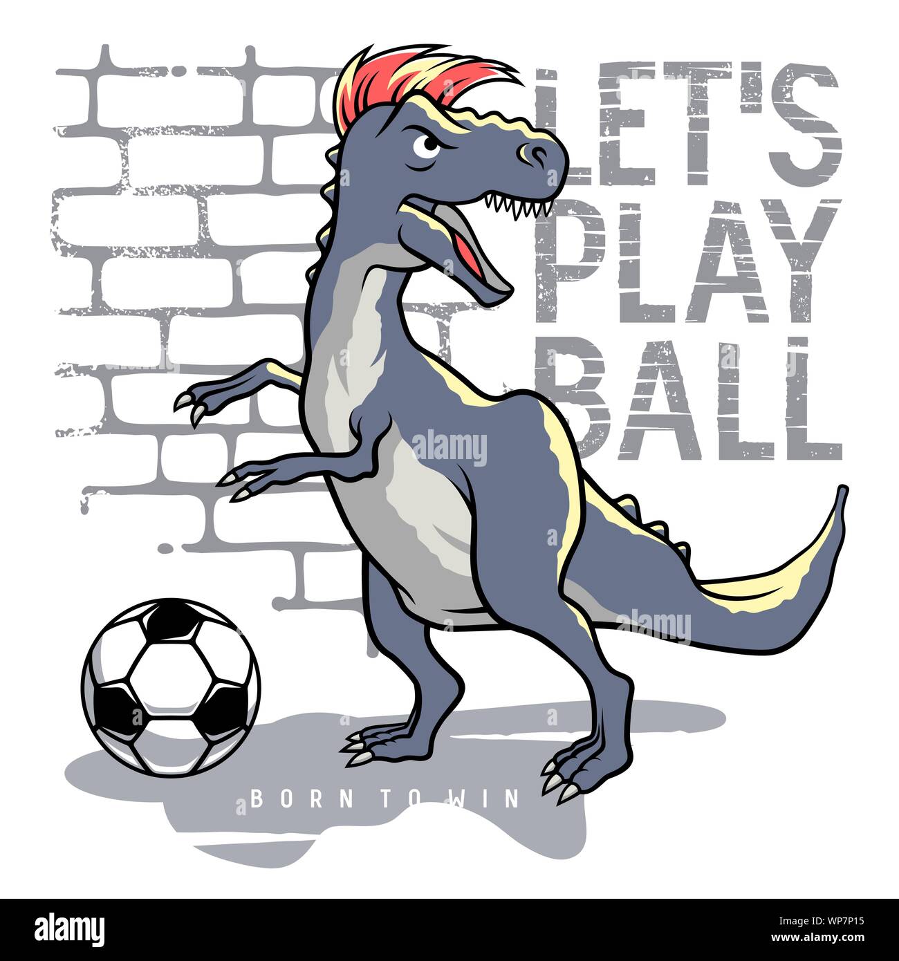 Dinosaurier Vector Illustration und Slogan Typografie für Kinder-t-shirt Design. Tyrannosaurus, Fußball zu spielen oder Fußball. Athletische Graphic Tee Stock Vektor
