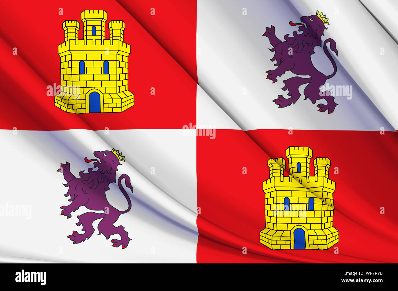 Castilla y Leon wehende Flagge Abbildung. Regionen und Städte von Spanien. Perfekt für Hintergrund und Textur. Stockfoto