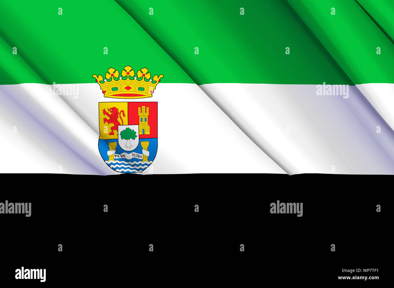 Extremadura wehende Flagge Abbildung. Regionen und Städte von Spanien. Perfekt für Hintergrund und Textur. Stockfoto