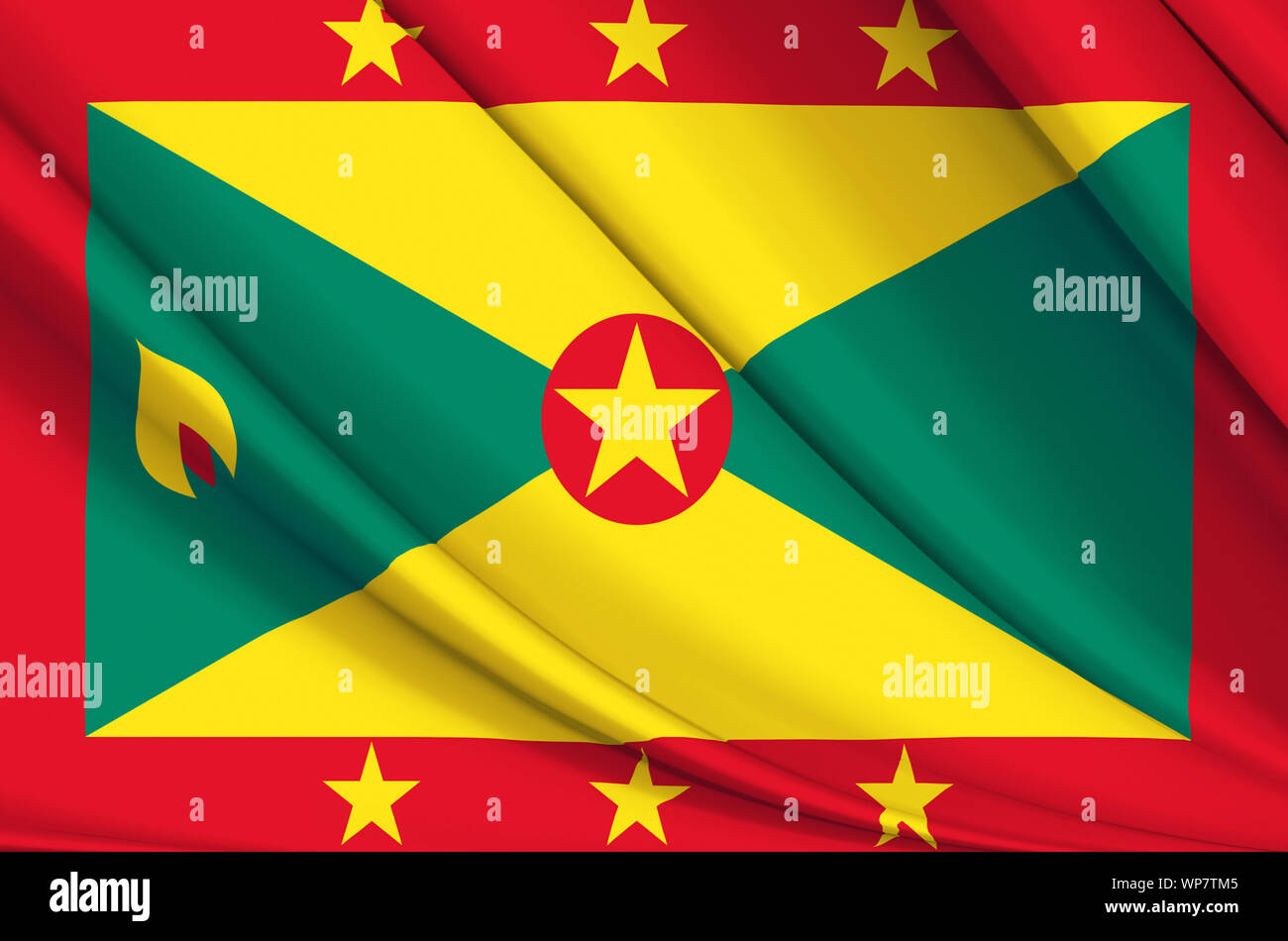 Grenada wehende Flagge Abbildung. Länder in Nord- und Mittelamerika. Perfekt für Hintergrund und Textur. Stockfoto