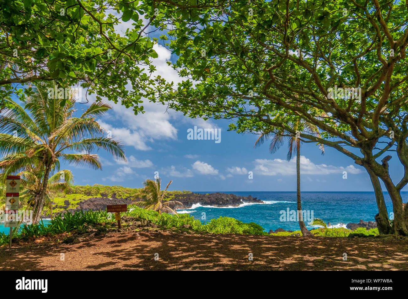 Wellen auf die Felsen an einem sonnigen Tag bei einem spektakulären Blick auf den Ozean auf dem Weg nach Hana, Maui, Hawaii, USA brechen Stockfoto