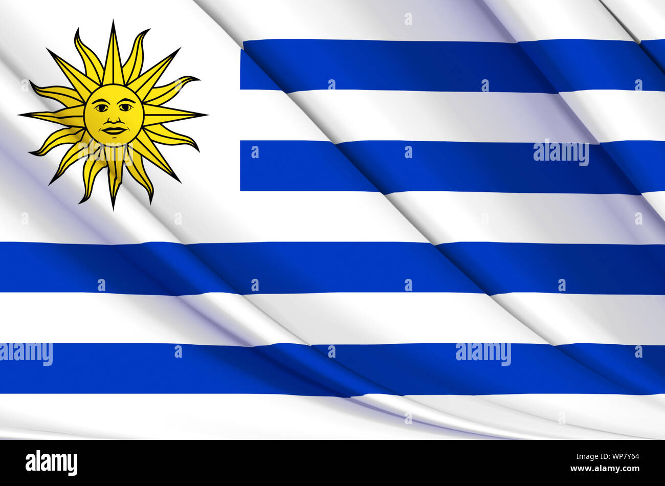 Uruguay wehende Flagge Abbildung. Länder in Nord- und Mittelamerika. Perfekt für Hintergrund und Textur. Stockfoto