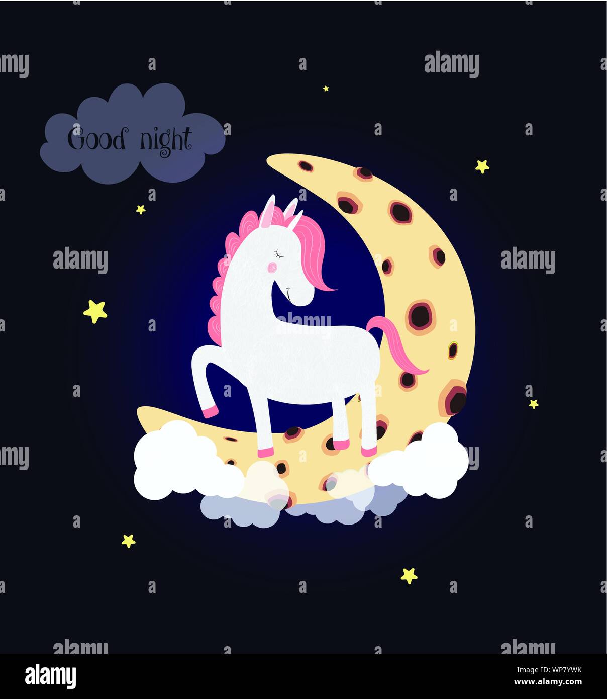 Süße Einhorn auf Mond Traum gute Nacht Typografie. White Pony schlafen Stampfen der Hufe mit geschlossenen Augen auf Wolken am Nachthimmel oder Himmel Hintergrund mit g Stock Vektor