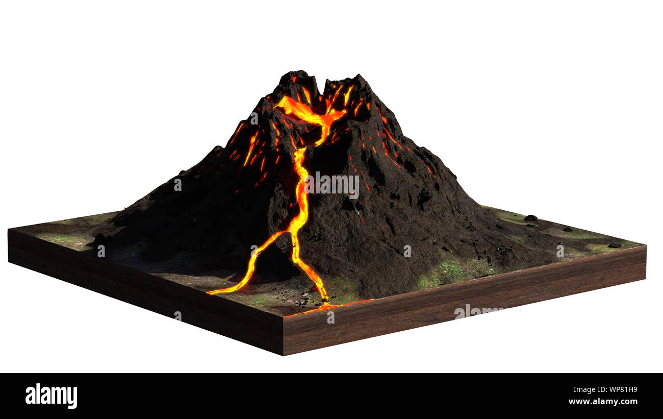 Vulkan ausbricht Lava, Modell eines Querschnitts der Boden isoliert auf weißem Hintergrund (3d-Wissenschaft rendern) Stockfoto