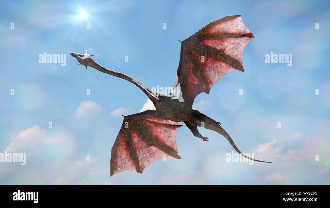 Dragon, riesige geflügelte Wesen fliegen in den Himmel Stockfoto