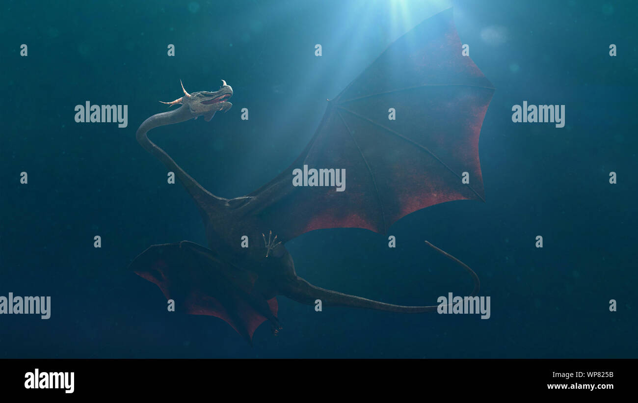 Drachen, magische Kreatur Schwimmen unter Wasser Stockfoto