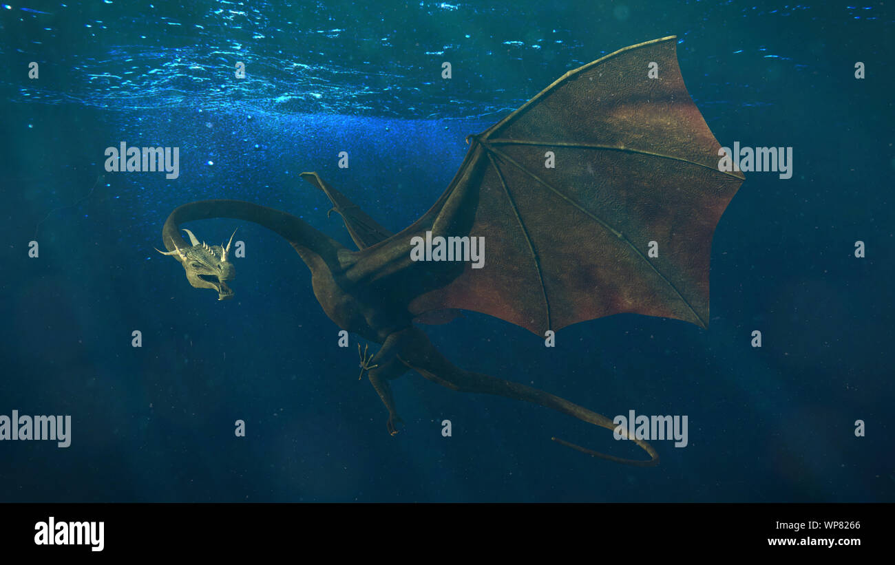 Drachen, magische Kreatur ist das Schwimmen im Meer Stockfoto